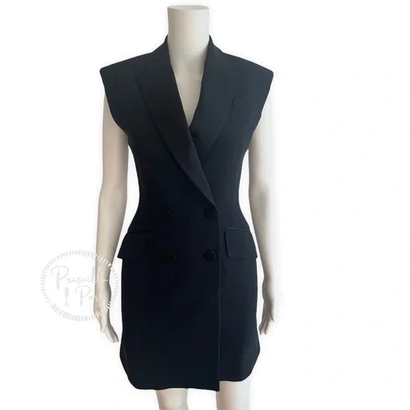 Alexander McQueen Women's Black Tuxedo Dress Double Breasted Satin Lapel A-Line