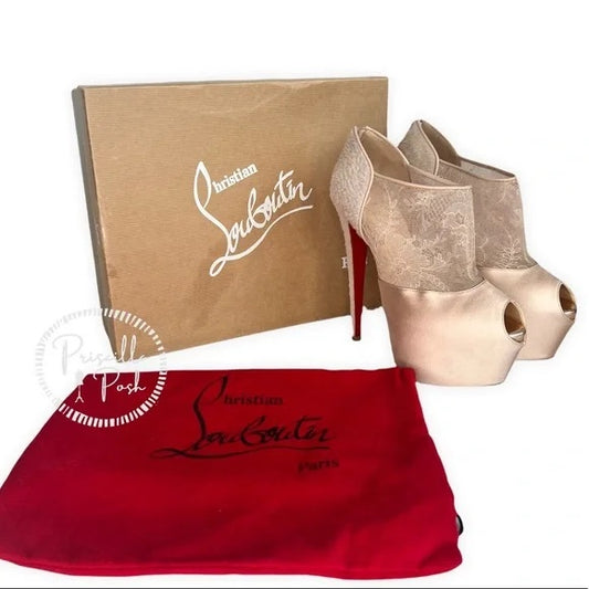 Christian Louboutin Aeronotoc 160 Booties Satin Lace Platform Ankle Boots Nude 38