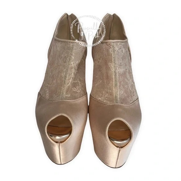 Christian Louboutin Aeronotoc 160 Booties Satin Lace Platform Ankle Boots Nude 38