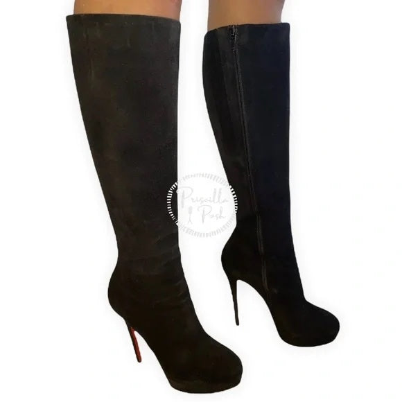 Christian Louboutin Babel Plato 140 Boots Black Platform Suede Boots Knee High 37.5