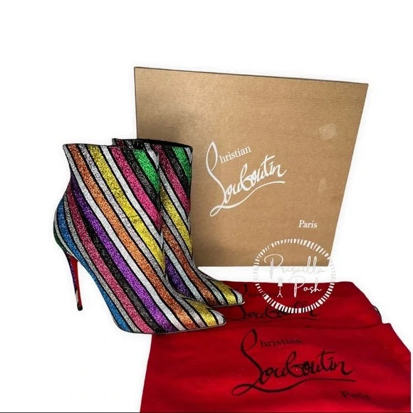 Christian Louboutin Multicolor So Kate 100 Striped Rainbow Glitter Heels Boots 36