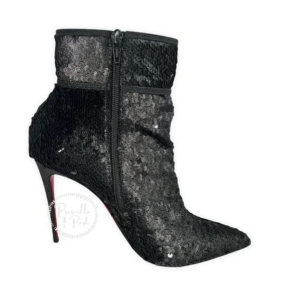 Christian Louboutin Moula Kate Sequin Red Sole Booties Black Ankle Boots Heeled 41