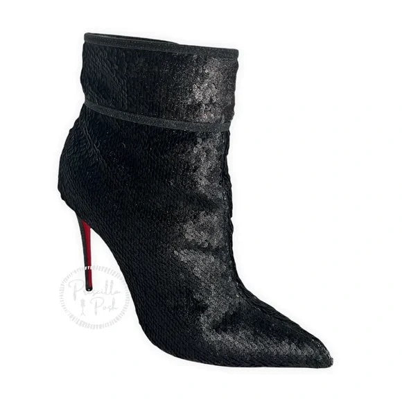Christian Louboutin Moula Kate Sequin Red Sole Booties Black Ankle Boots Heeled 41
