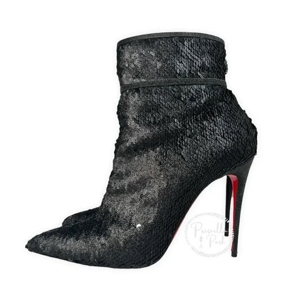 Christian Louboutin Moula Kate Sequin Red Sole Booties Black Ankle Boots Heeled 41