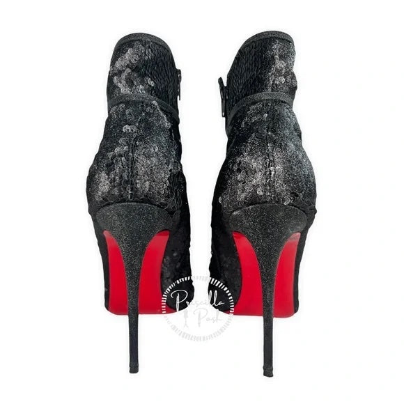 Christian Louboutin Moula Kate Sequin Red Sole Booties Black Ankle Boots Heeled 41