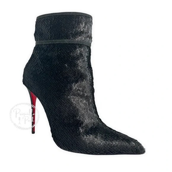 Christian Louboutin Moula Kate Sequin Red Sole Booties Black Ankle Boots Heeled 41