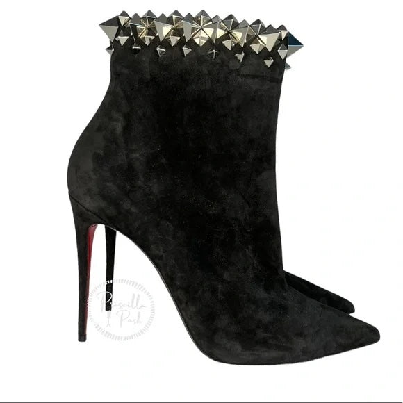 NWT Christian Louboutin Firmamma Suede Spike Red Sole Booties Black Ankle Boot 40