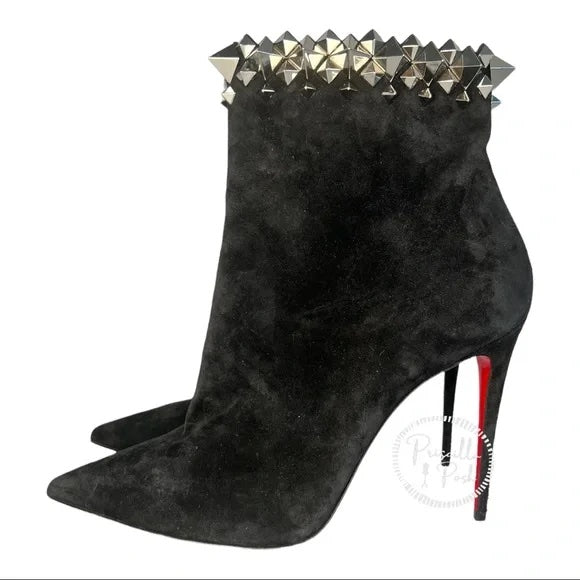 NWT Christian Louboutin Firmamma Suede Spike Red Sole Booties Black Ankle Boot 40