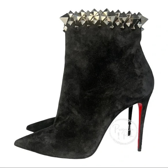 NWT Christian Louboutin Firmamma Suede Spike Red Sole Booties Black Ankle Boot 40
