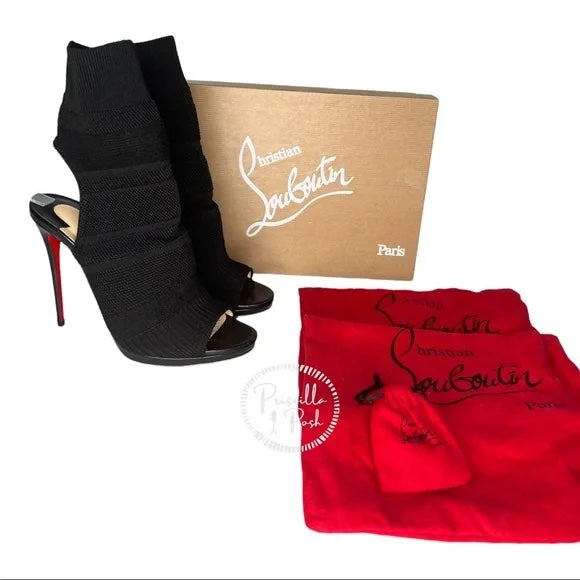 NEW Christian Louboutin Boots Cheminene 120 cutout stretch-knit sock boots Black 38