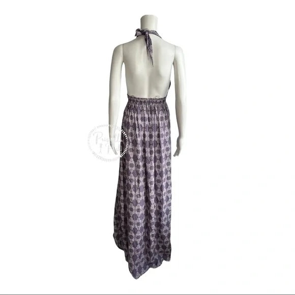 Loveshackfancy Purple Print Halter Neck 100% Silk Maxi Dress