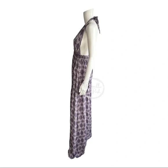 Loveshackfancy Purple Print Halter Neck 100% Silk Maxi Dress