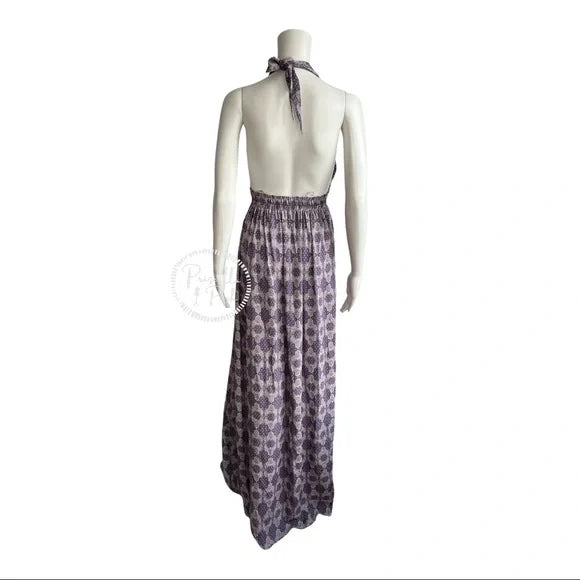 Loveshackfancy Purple Print Halter Neck 100% Silk Maxi Dress