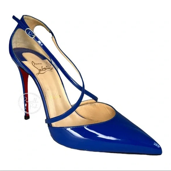 Christian Louboutin Electric Blue Patent Leather Cross Blake 100 Pumps 38.5