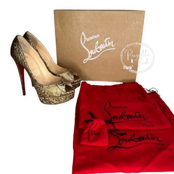 NEW Christian Louboutin Bronze Lady Peep 150 Brocade Pump Gold Platform Peep toe