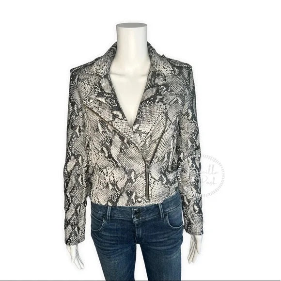 NWT IRO Ashville Snake Embossed Leather Moto Jacket Python Jacket White Black 38
