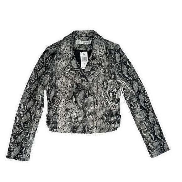 NWT IRO Ashville Snake Embossed Leather Moto Jacket Python Jacket White Black 38