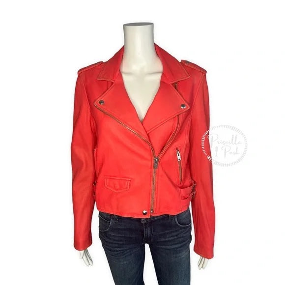 IRO Ashville Coral Red leather Moto Jacket Motorcycle Cropped Leather Jacket 42