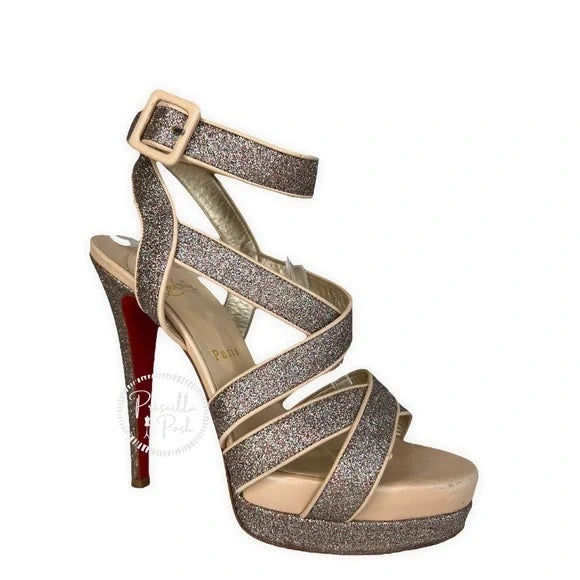 Christian Louboutin Silver Glitter Straratata Strappy Platform Sandals Size 39