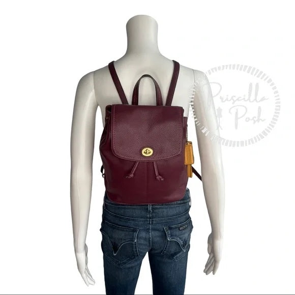 Coach Park Pebbled Leather Flap F24385 Burgundy Backpack Maroon Red Brass
