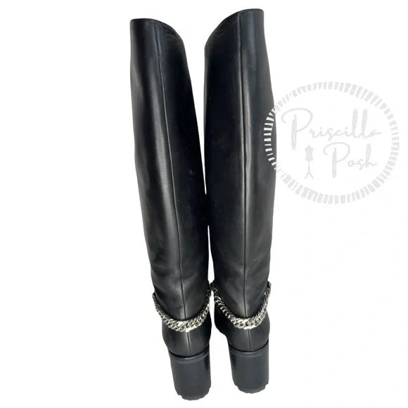 Christian Louboutin Black Napoleona Leather Spiked-toe Knee Boots Block Heel