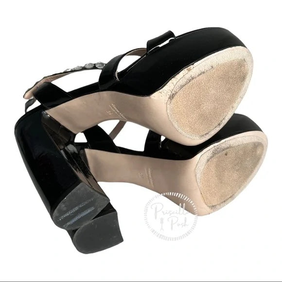 Miu Miu Black patent Leather Embellished Ankle Strap Platform Sandals Block Heel