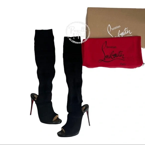 Christian Louboutin Black Cheminetta 120 Knee-high Peep-toe Boots Sandals 37.5