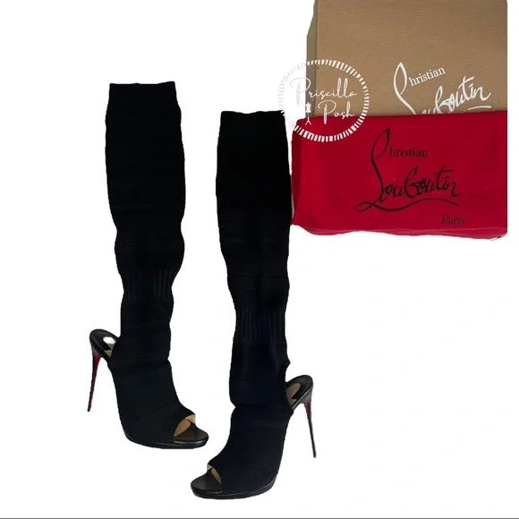 Christian Louboutin Black Cheminetta 120 Knee-high Peep-toe Boots Sandals 37.5