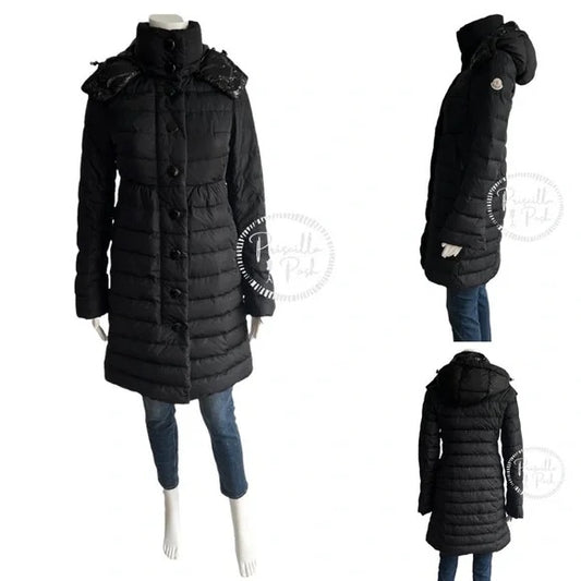Moncler Black Knee Length Puffer Coat Goose Down Puffer Jacket Long Full Length