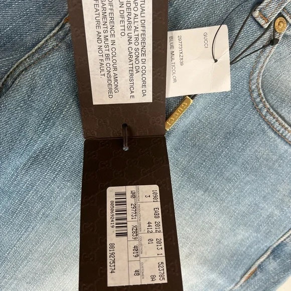 NWT Gucci Blue Stonewash Denim Floral Embroidered Back Flared Jeans Flower 70s