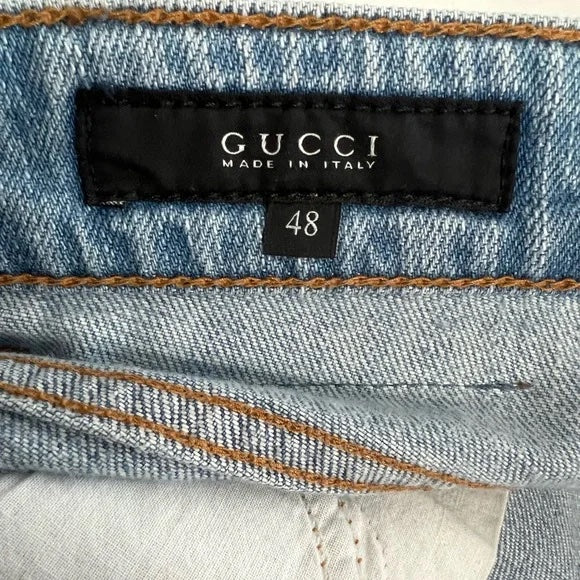 NWT Gucci Blue Stonewash Denim Floral Embroidered Back Flared Jeans Flower 70s