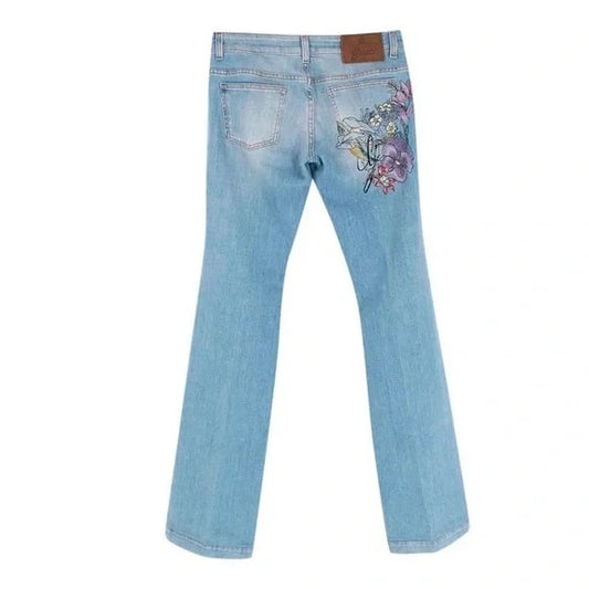 NWT Gucci Blue Stonewash Denim Floral Embroidered Back Flared Jeans Flower 70s