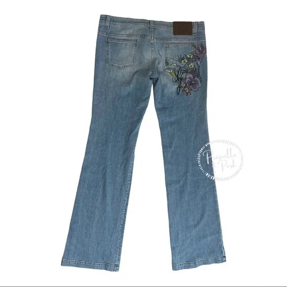 NWT Gucci Blue Stonewash Denim Floral Embroidered Back Flared Jeans Flower 70s