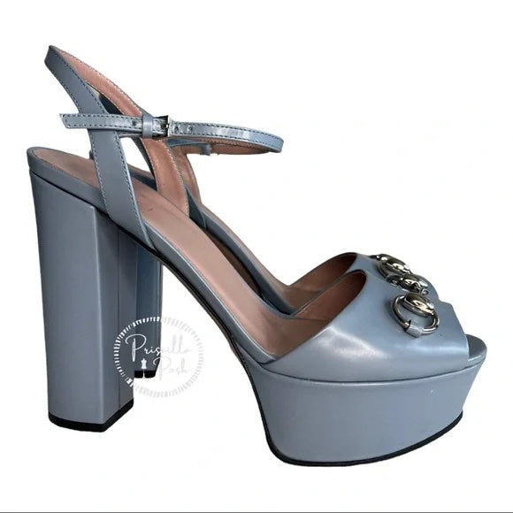 Gucci Blue Horsebit Platform Ankle Strap Sandals Open Toe