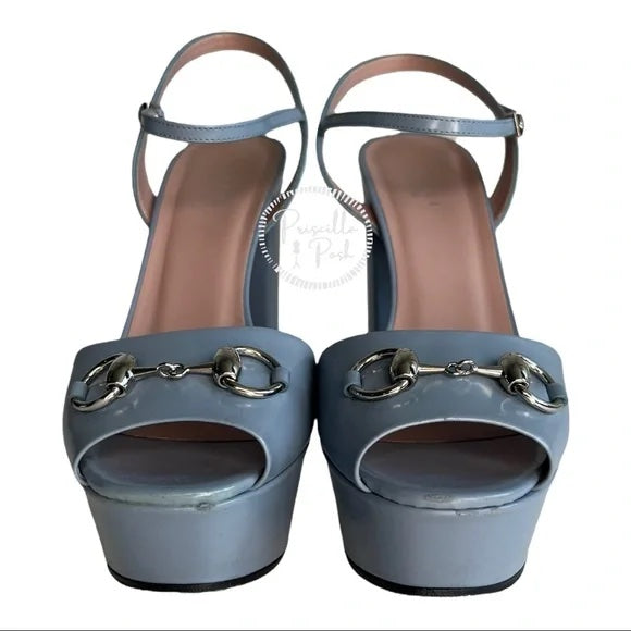 Gucci Blue Horsebit Platform Ankle Strap Sandals Open Toe