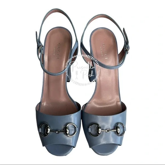 Gucci Blue Horsebit Platform Ankle Strap Sandals Open Toe