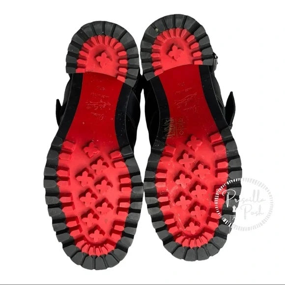 Christian Louboutin Black Leather Shearling Lined Combat Boots Chunky Heel 37.5