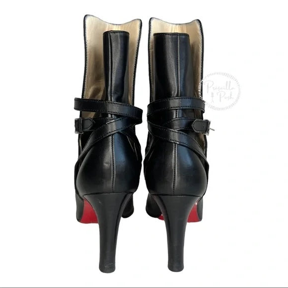 Christian Louboutin Black Leather Heeled Ankle Boots With Buckle 37.5