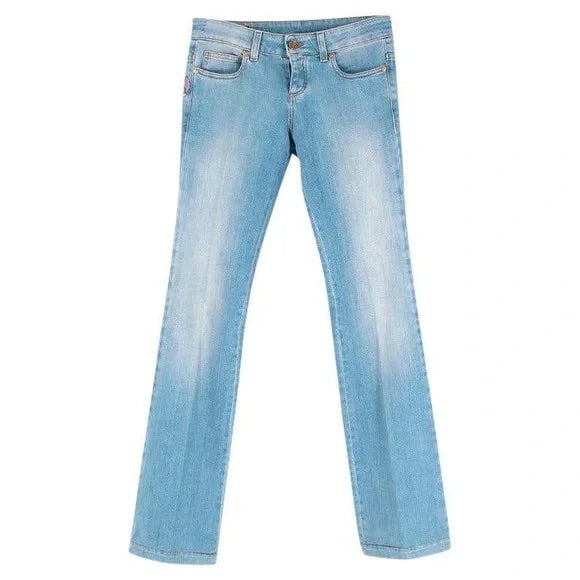 NWT Gucci Blue Stonewash Denim Floral Embroidered Back Flared Jeans Flower 70s