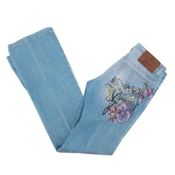 NWT Gucci Blue Stonewash Denim Floral Embroidered Back Flared Jeans Flower 70s