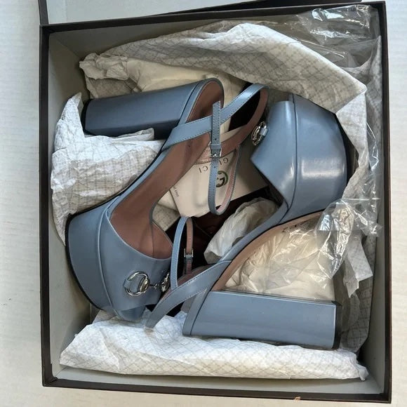 Gucci Blue Horsebit Platform Ankle Strap Sandals Open Toe