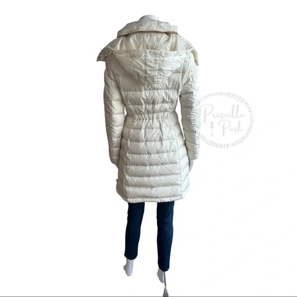 Moncler Ivory White Long Puffer Jacket Goose Down Flamme Puffer Jacket With Hood