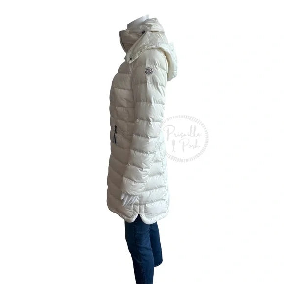 Moncler Ivory White Long Puffer Jacket Goose Down Flamme Puffer Jacket With Hood