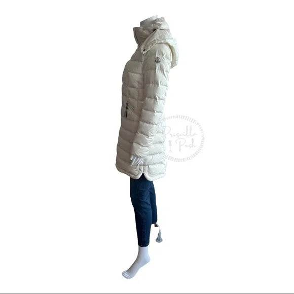 Moncler Ivory White Long Puffer Jacket Goose Down Flamme Puffer Jacket With Hood