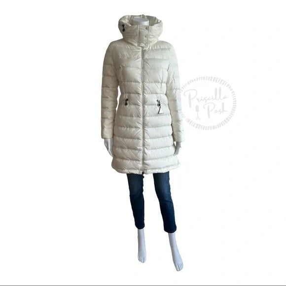 Moncler Ivory White Long Puffer Jacket Goose Down Flamme Puffer Jacket With Hood