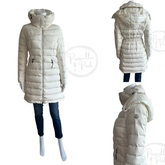 Moncler Ivory White Long Puffer Jacket Goose Down Flamme Puffer Jacket With Hood