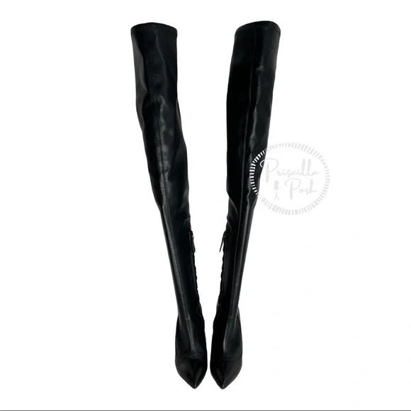 Alexander McQueen Over-the-Knee Stretch Leather Boots Black Leather Thigh High 36.5