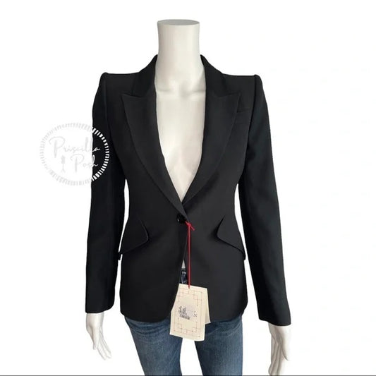NWT Alexander McQueen Peak Shoulder Leaf Crepe Jacket in Black One Button Blazer IT 36