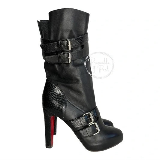 Christian Louboutin Women's Black Loubi Bike 140 Leather And Python Boots EU 38