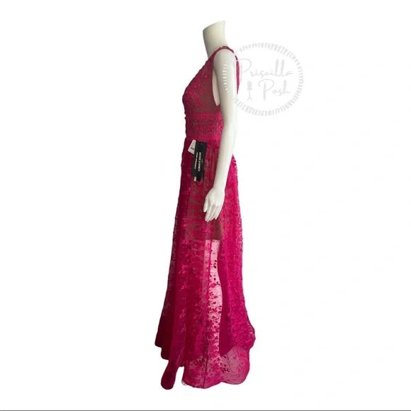 Bronx & Banco Megan Fuchsia Maxi Dress Gown Floral V Neck Flower Appliqué